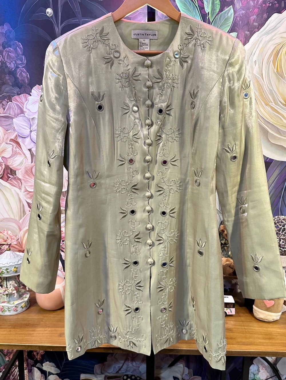 Justin Taylor Size 10 Mirror Beaded Embroidered Coat Dress Boho Artwear Sage